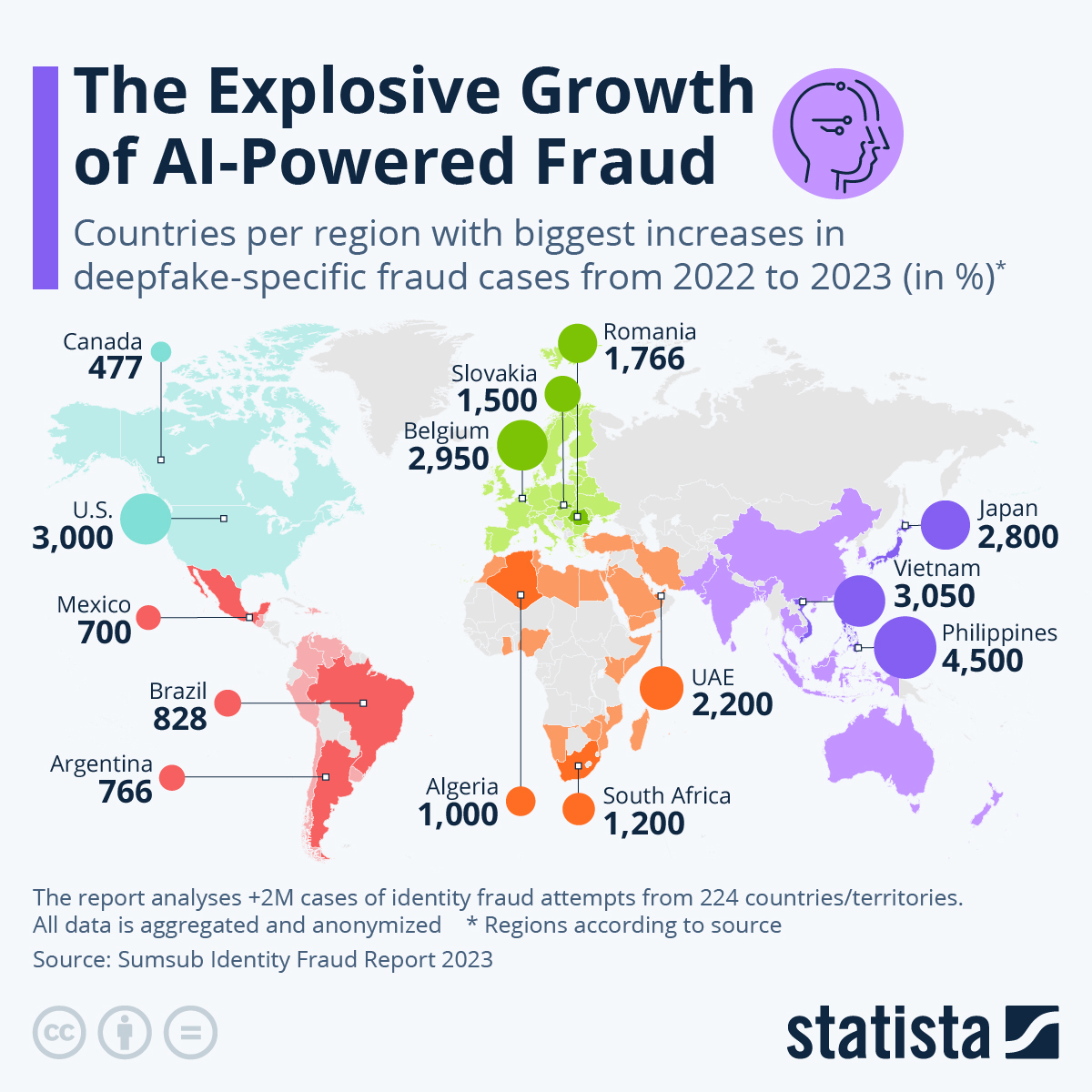 Map showing the growth of deepfake related fraud cases around the globe