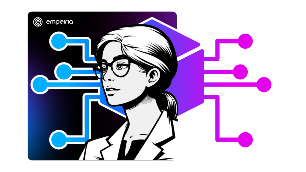 Comic book style woman in glasses with blockchain symbol background